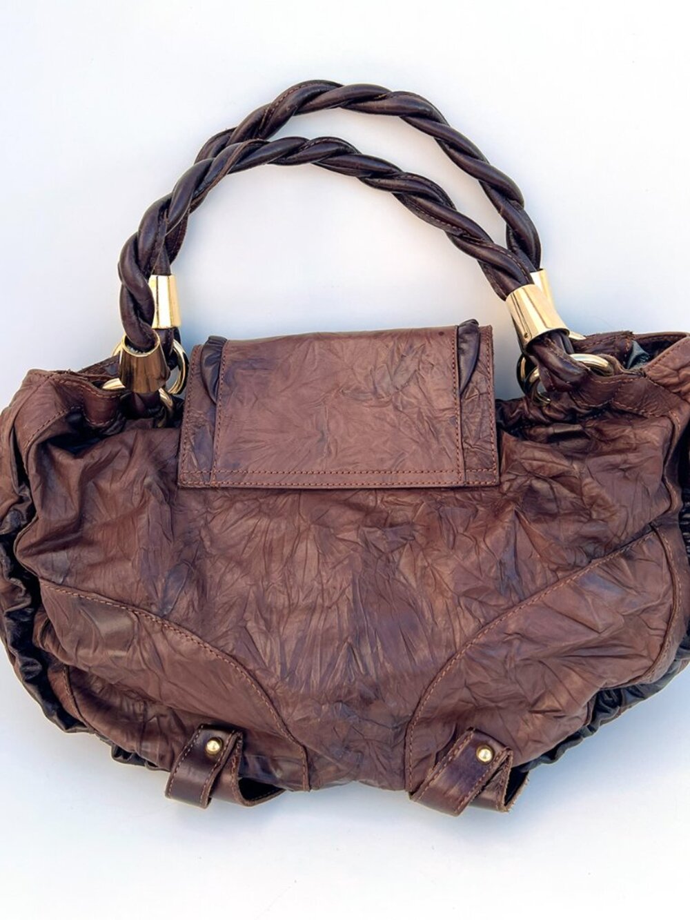 Authentic DOLCE & GABBANA Mainline Brown Crinkled Leather Braided Hobo Bag Y2K - Picture 2 of 13